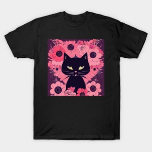 Mystical Black Cat Surrounded by Enchanting Pink Flowers T-Shirt